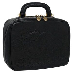 CHANEL Vanity Cosmetic Pouch Grained Calf Skin Black Gold